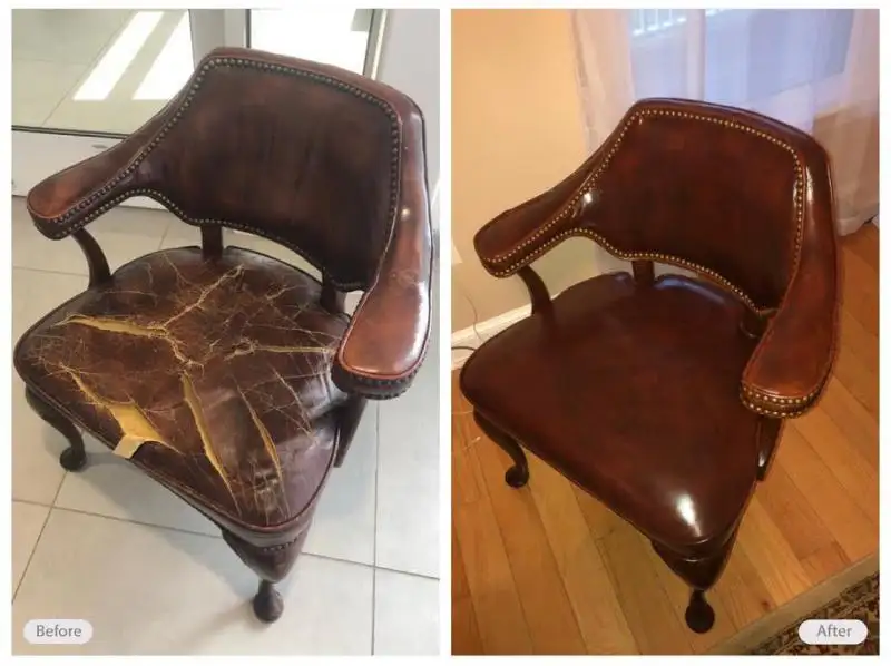 Leather chair reupholstered. Loose arm repaired. Whole chair redyed.