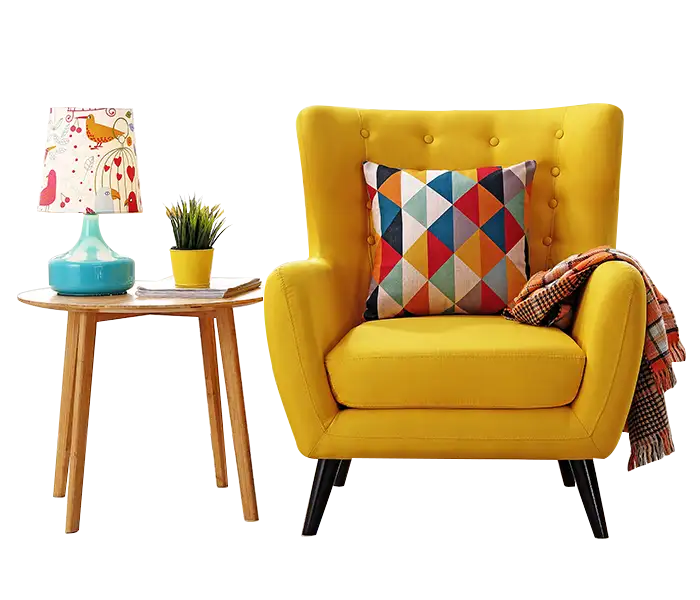 yellow chair next to a table